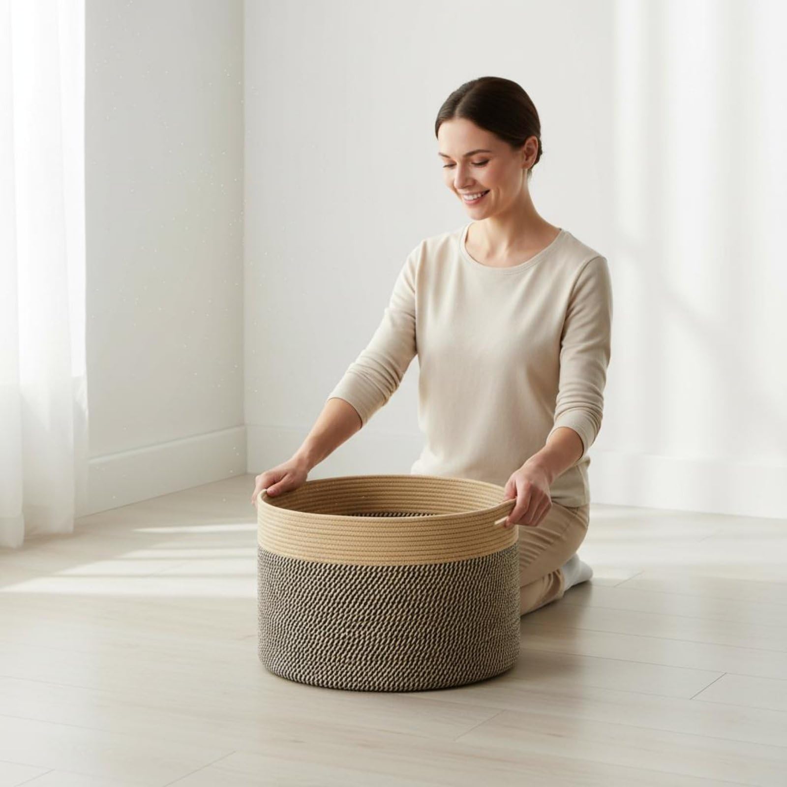 Cesto Pieghevole Cestino Organizer Cesta Portabiancheria Contenitore Giocattoli Grande in Corda di Cotone con Manici Rinforzati per Organizzazione E, Cachi, Nero, 40 35