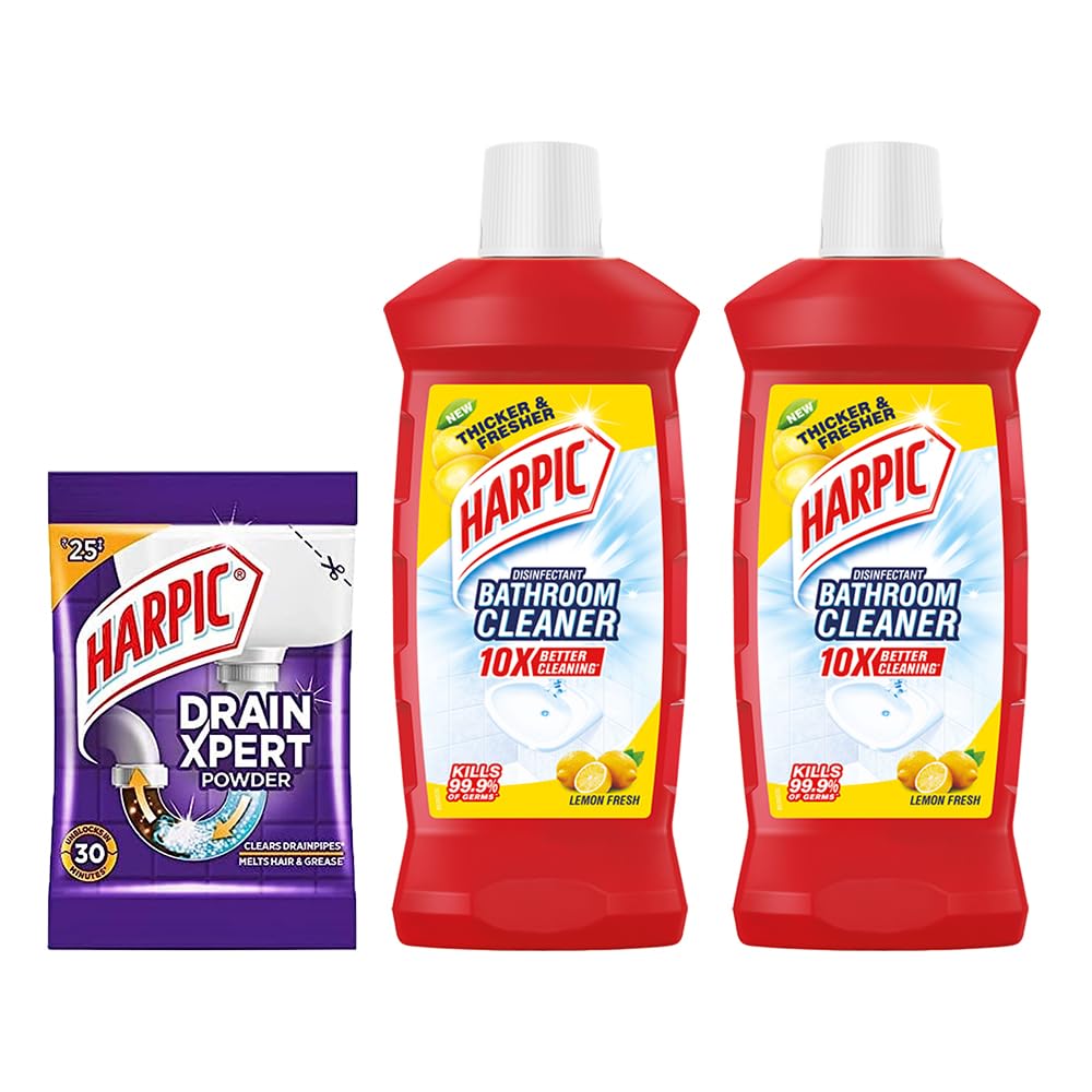 Harpic Disinfectant Bathroom Cleaner Liquid, Lemon 1L (Pack of 2