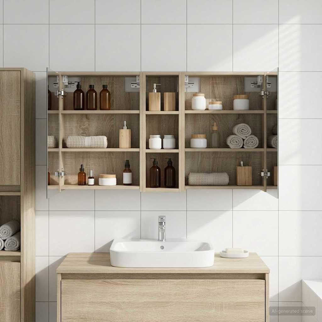 Set di 3 armadietti da bagno, in legno, 106 x 16 x 62,5 cm, con illuminazione a LED, montaggio a parete, vano portaoggetti e specchio bidirezionale, per mobili da bagno, mobiletto sottolavabo