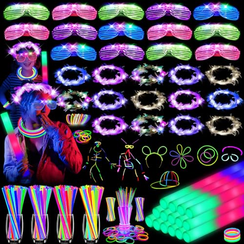 HONLYNE 142 PCS Glow in the Dark Party Supplies, 14PCS Foam Glow Sticks, 14PCS Light Up Headband,14PCS LED Glasses and 100PCS Glow Sticks Bracelets,for Glow Party, New Year, Wedding, Concert, Birthday