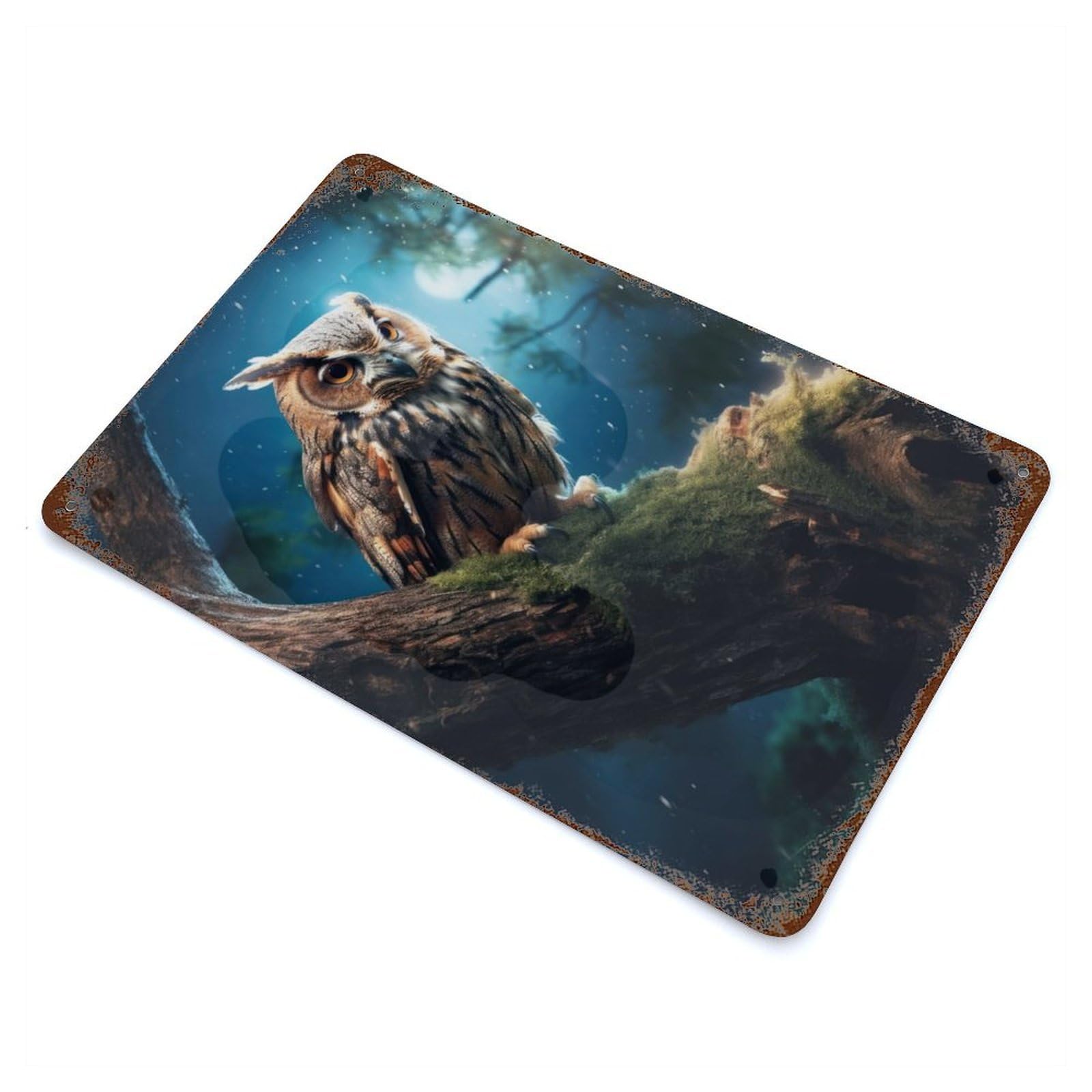 Fantasy Owl at Night Distressed Metal Wall Sign 11.8"x7.9", for Farmhouse, Kitchen And Entryway Decor, Rustic Home Decor