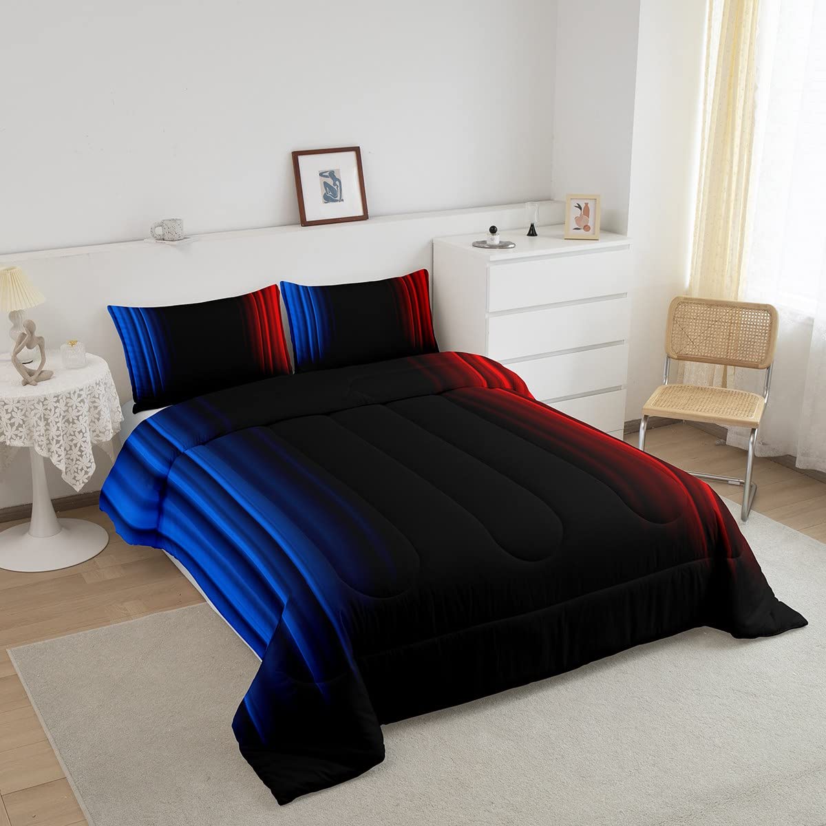 Feelyou Geometric Ombre Teens Comforter Set Twin Size Kids Boys Women Blue Red and Black Bedding Set Decor Modern Stripes Comforter 2Pcs