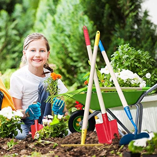 Hortem 8PCS Kids Garden Long Tools Set Include 4PCS Long Rake, Shovel, Hoe, Leaf Rake and 3PCS Small Gardening Tools,a Pair Kids Garden Glove, Gardening Gifts for Children (Multicolor)