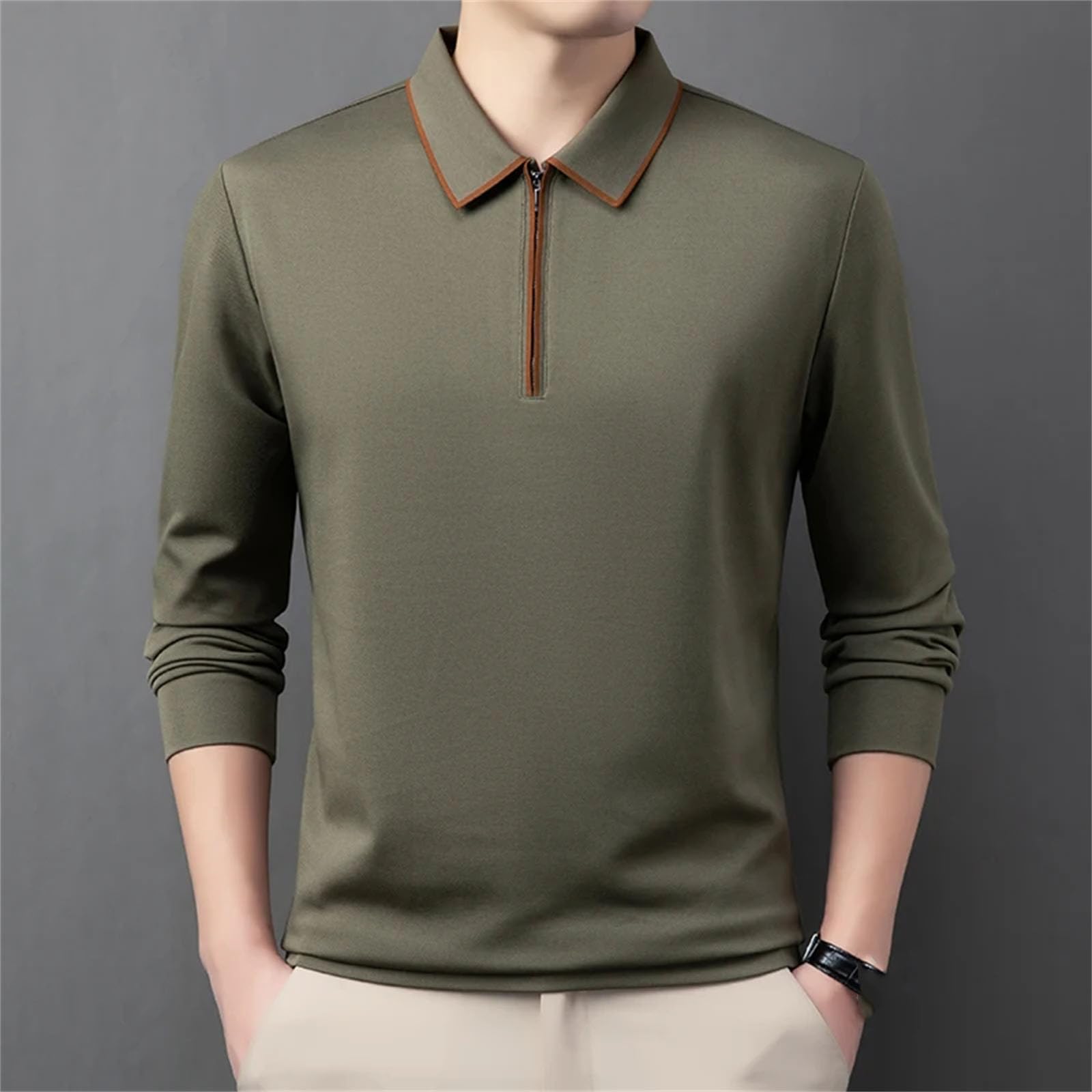 Polo de manga larga de algodón suave para hombre, a la moda, ligera, media cremallera, versión de golf, camiseta