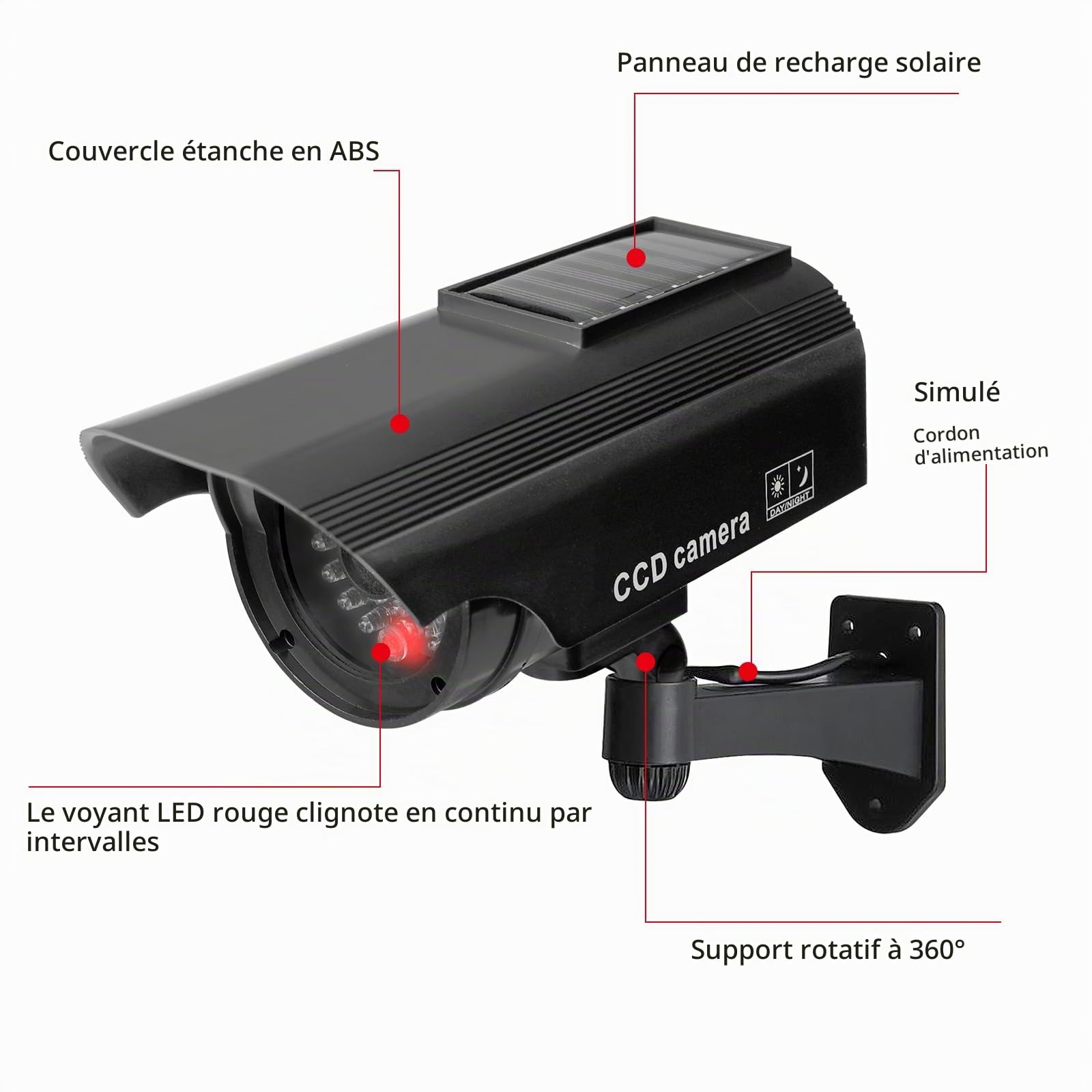 Lot De 2 Caméra Factice Extérieur, Caméra De Surveillance avec LED, Caméra Factice Extérieur, Caméra Factice Intérieur Extérieur Solaire, Caméras Factices avec LED, pour La Maison Et Le Bureau
