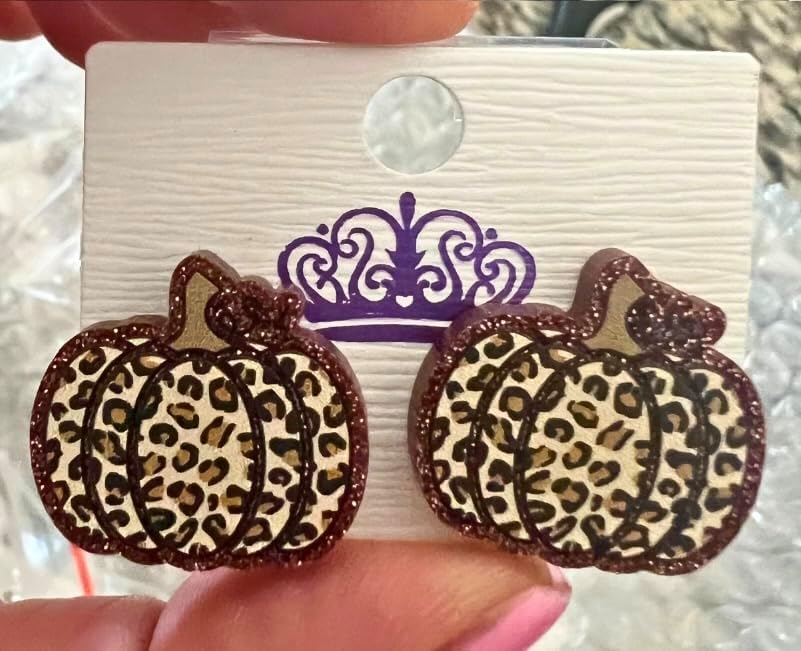 Luaa Leopard Print Pumpkin Stud Earrings for Women – Fall Acrylic Earrings with Glitter Outline – Stainless Steel Posts – Autumn Colors Halloween and Thanksgiving Jewelry – 0.75 Inch - Image 7