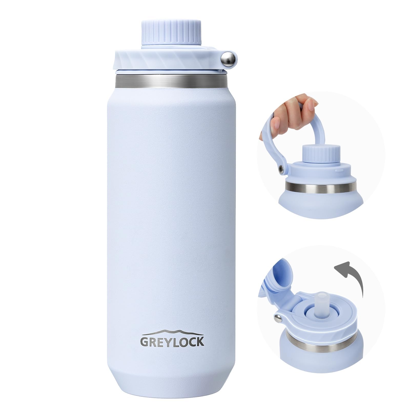 GREYLOCK 24 oz Insulated Water Bottle with Straw Lid, Leakproof Reusable Stainless Steel Vacuum Flask, 24hr Cold & Hot, Carry Handle & Silicone Spout, BPA-Free for Gym, Hiking, Travel,Blue