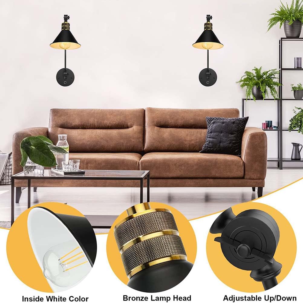 AoLa Schwenkarm Wandleuchten Dimmbar mit Schalter, Innen Vintage Wandlampe mit Stecker und Kabel E27 Verstellbare Lange Arm Nachttischlampe Retro Industrial Schwarz Kegel Lampenschirm Leselampe,2pack