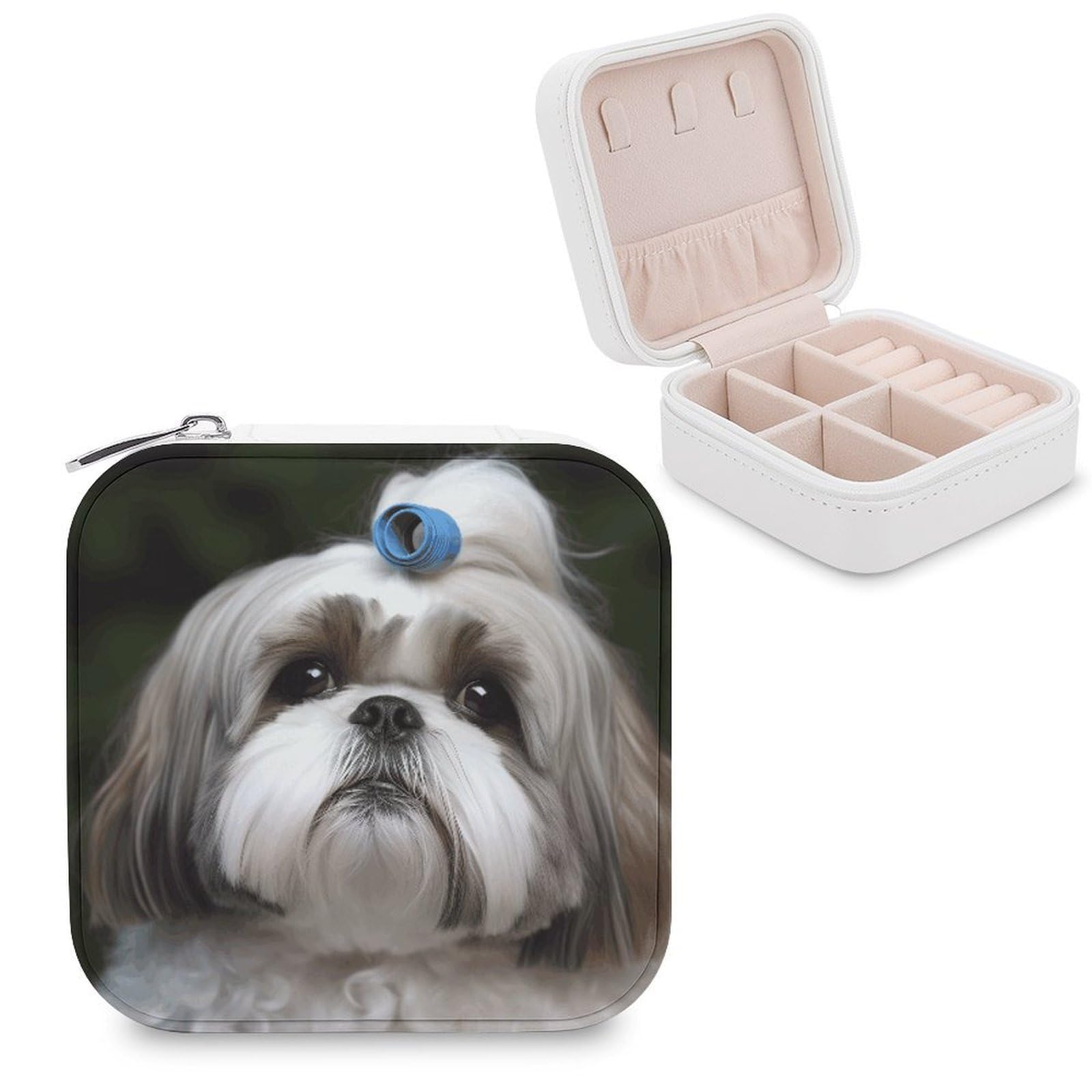 VstaDank Shih Tzu Dog Jewelry Box for Women Jewelry Organizer Storage Case with Zipper Mini Travel Jewelry Case Cute Trinket Organizer Leather Portable Jewelry Storage Box