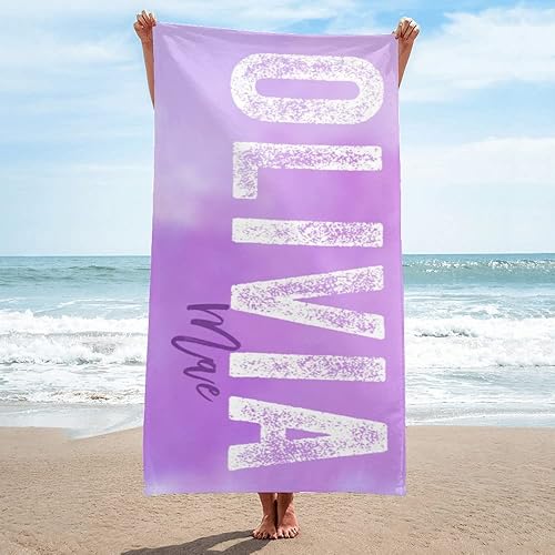 Toalla de playa personalizada con nombre para playa, piscina, diversión de verano, regalos para niños, adultos, parejas (morado)