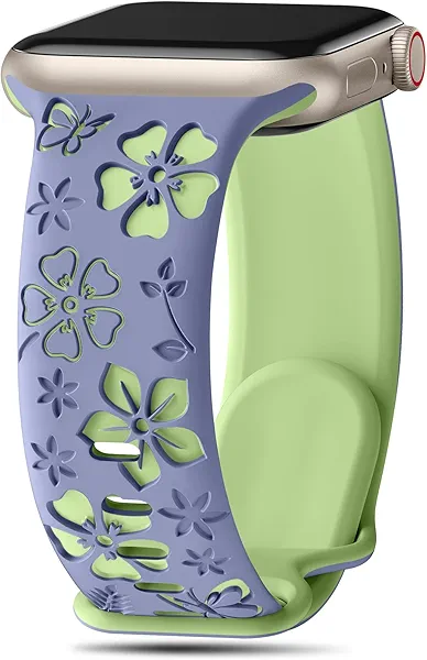 Floral Engraved Band Compatible with Apple Watch Band Women 40mm 38mm 41mm 42mm 44mm 45mm 46mm 49mm, Soft Silicone Two-Tone Flower Sport Strap for iWatch Series 10 9 8 7 6 5 4 3 2 1 SE Ultra