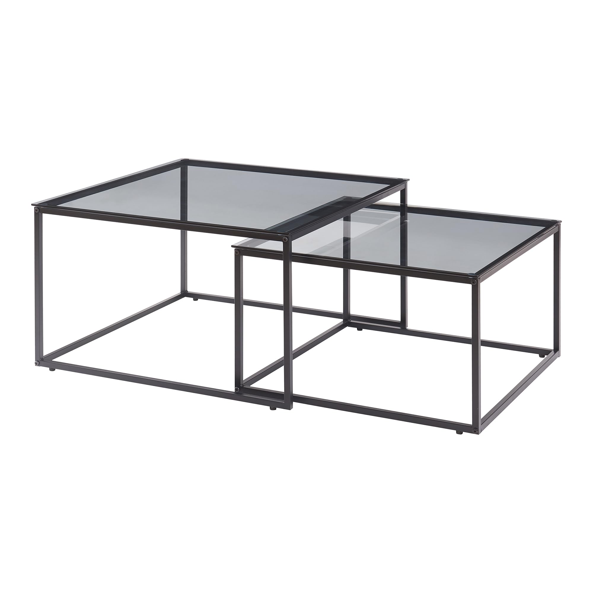 [en.casa] Lot de 2 Tables Basses Gigognes Ensemble de 2 Tables d'Appoint de Tailles Différentes Set de 2 Bouts de Canapé Design Industriel Gain de Place Acier Verre Trempé Noir Verre Fumé Gris