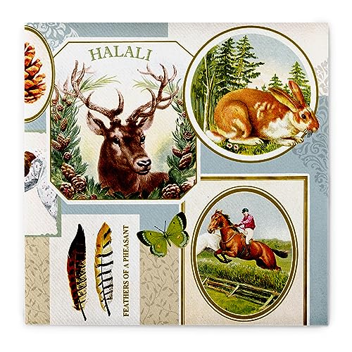 Sovie HOME Serviette FRITZ aus Linclass Airlaid, 40x40cm, 12 Stück, 1/4 Falz, Jagddesign mit Hirsch, Kaninchen, Reiter zu Pferd, stoffähnliche Einwegserviette, Jagdgesellschaften