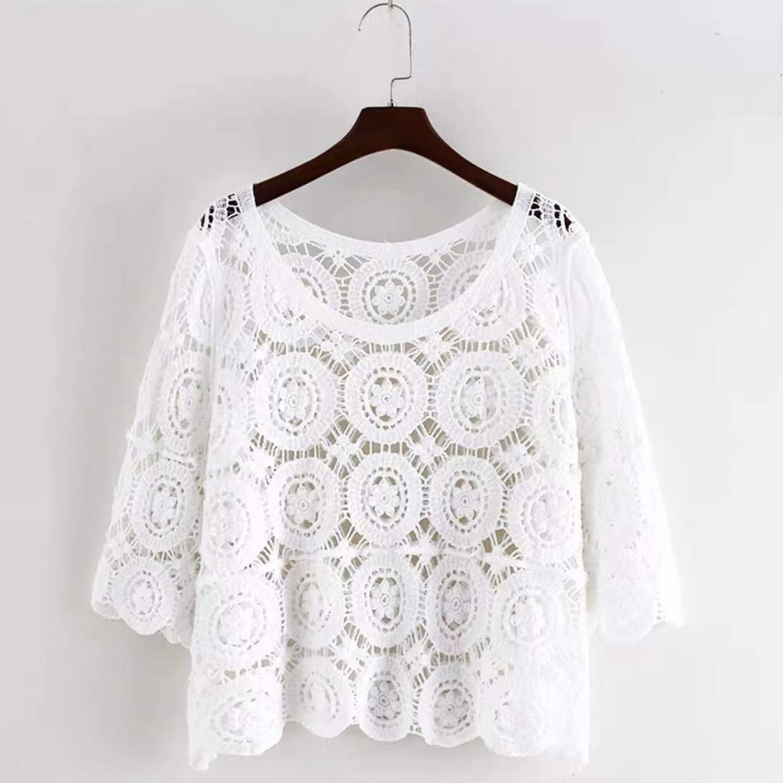 T-shirt d'été à manches 3/4 pour femme - Style bohème hippie - En tricot - Motif floral