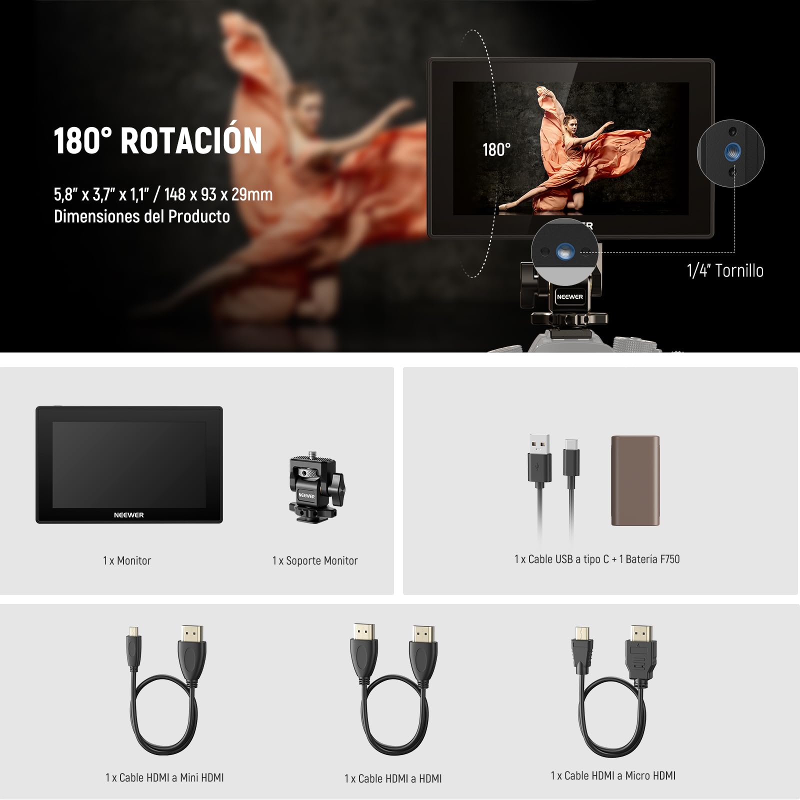NEEWER Monitor de Campo para cámara de 5,5", 2000 nits HD 1920x1080 IPS con Pantalla táctil, 4K HDMI Loop in/out con 3D LUT, Enfoque máximo, Asistencia de vídeo DSLR, Onda de Forma HDR, batería de