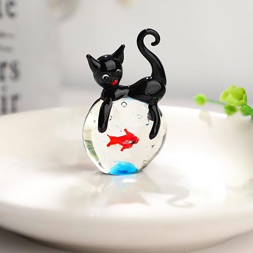 Miniatura 4 de QFkris Figura de gato negro de vidrio soplado, mini escultura de animales de cristal, figuras coleccionables de arte de gatos y peces para