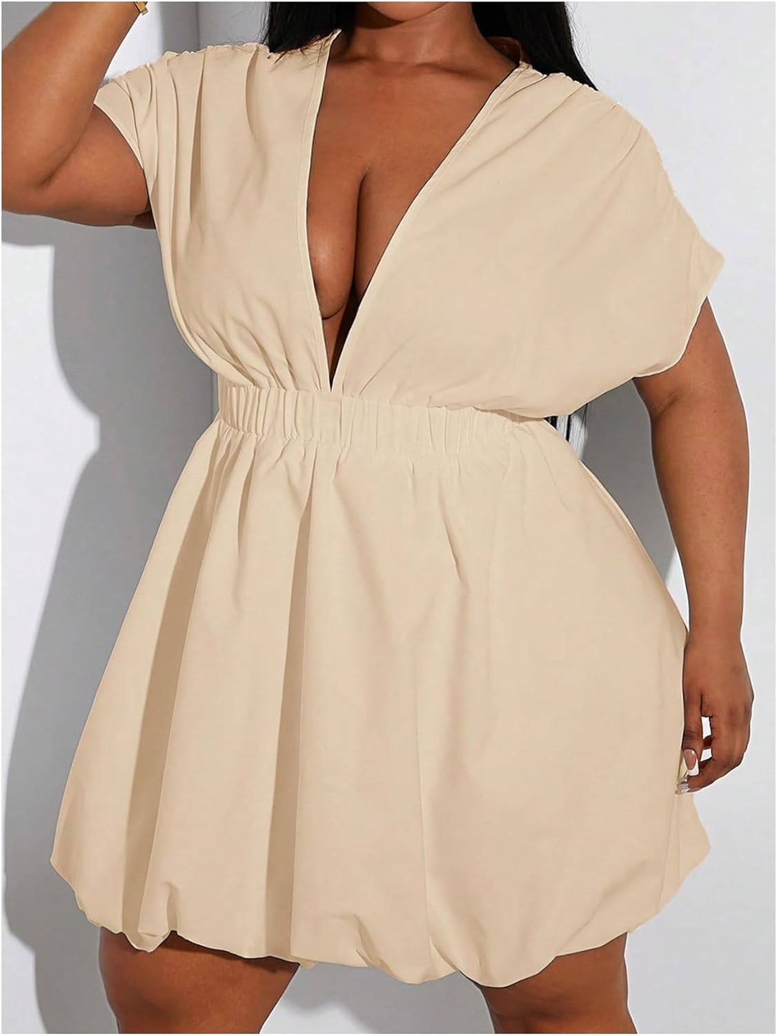 WDIRARA Women's Plus Size Deep V Neck Bubble Dress Short Sleeve A Line Mini Dresses - Image 3