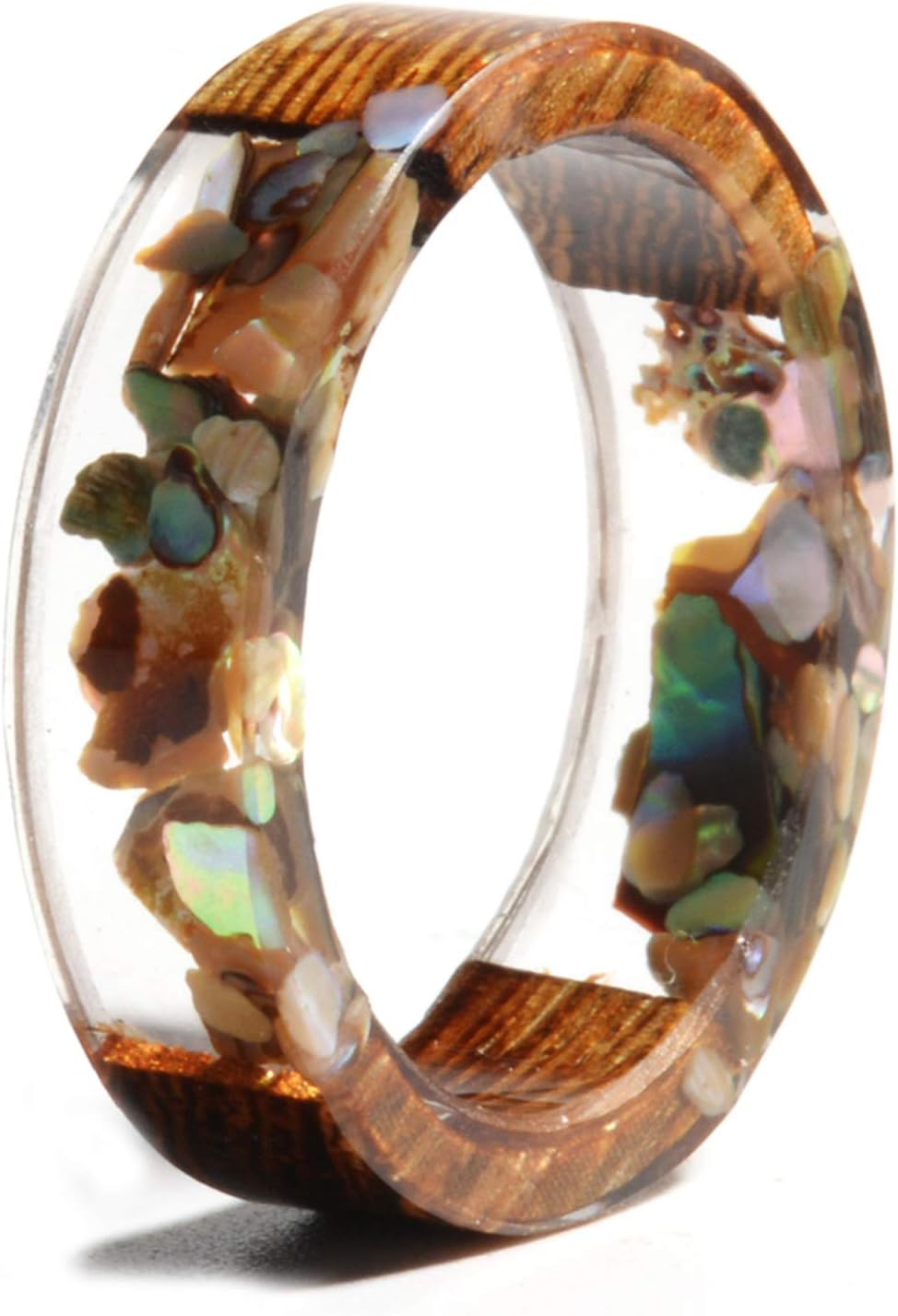NDJEWELRYUnique Wood Plastic Resin Ring with Turquoise Insided Transparent Crystal Band Ring Best Handmade Gift for Her
