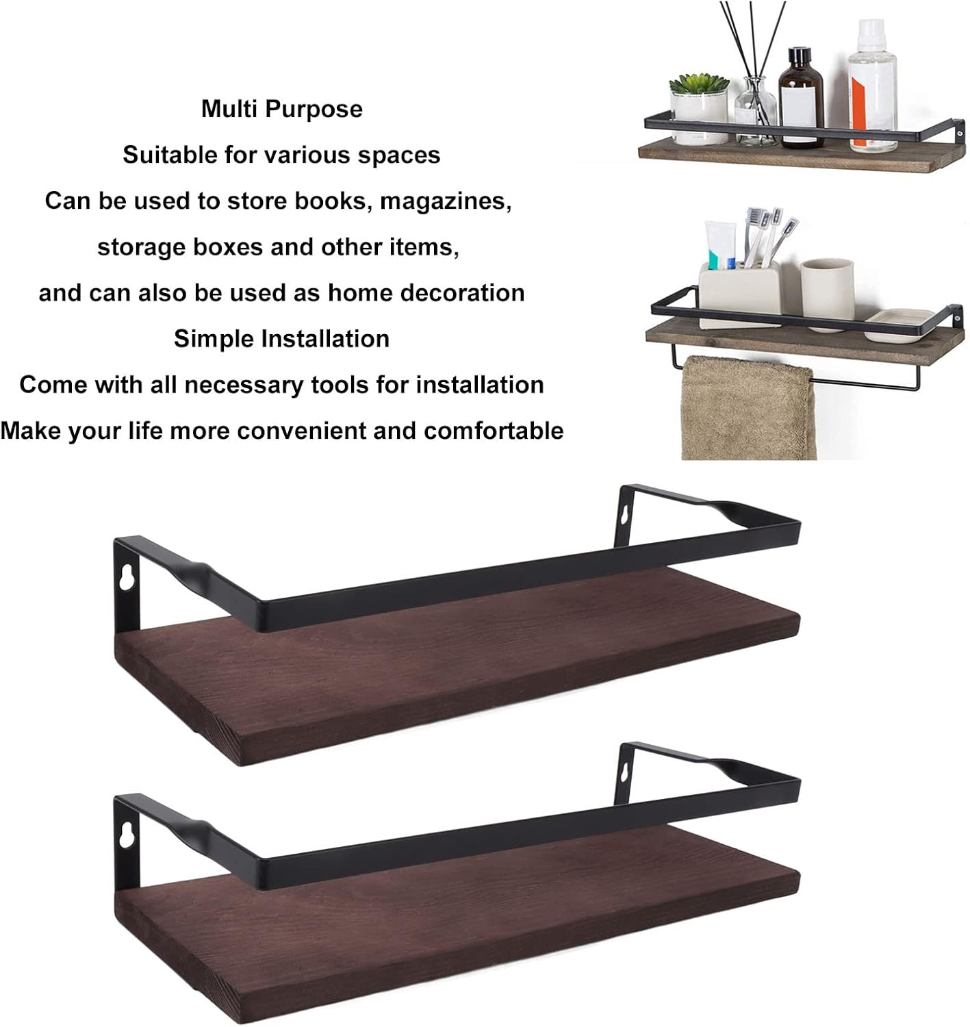 2 Pcs Wall-Mounted Floating Shelves - Minimalist Style Floating Storage Shelves for for Bathroom Decor, Bedroom, Living Room(Dark Brown)