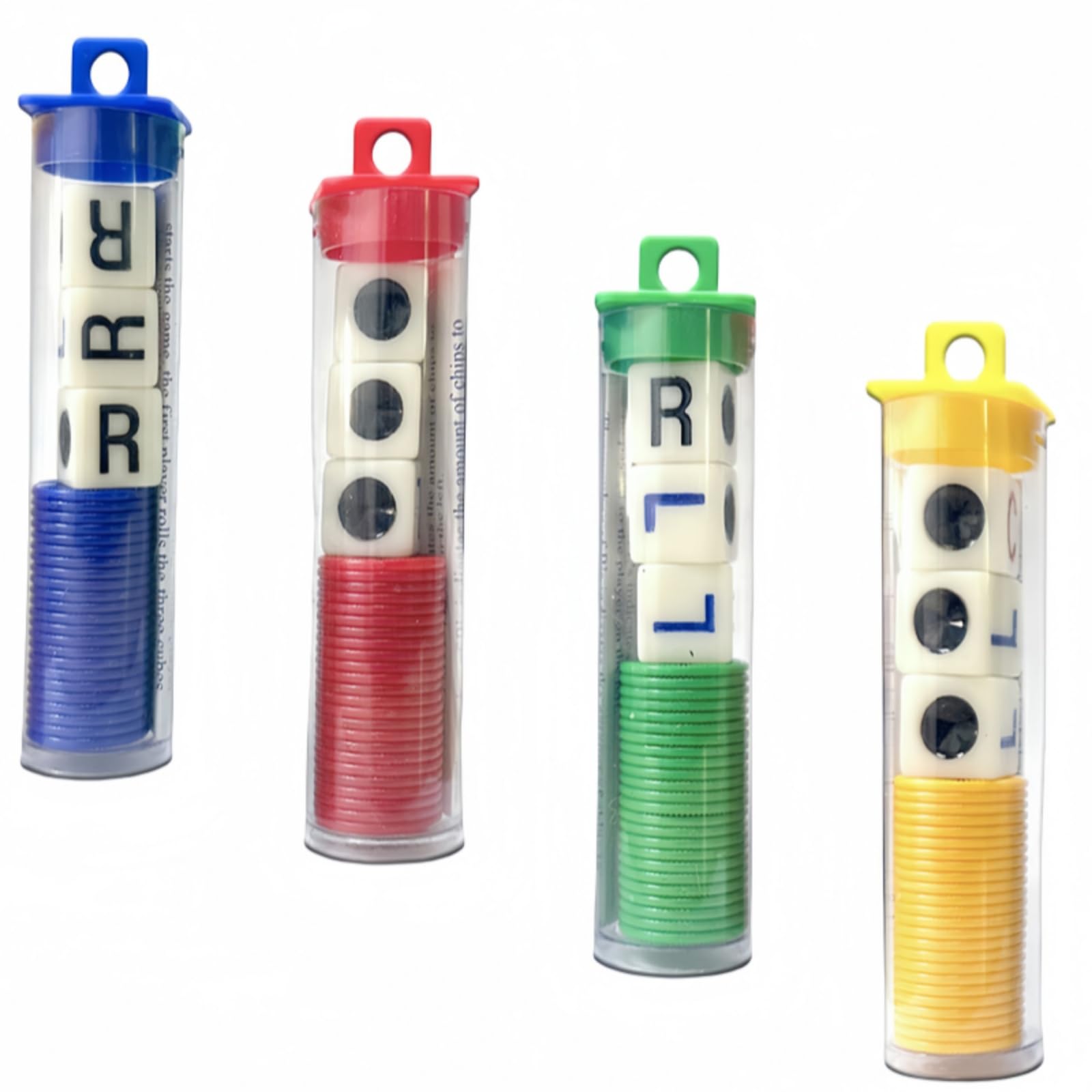 4 Tubes Left Right Centre Dice Games,4 Color Interactive Toy Round Corner Dice Portable Strike Dice Game,Fun Dice Game with 12 Dices+96 Chips for Kids Adults Christmas Family Camping Group Game Dice
