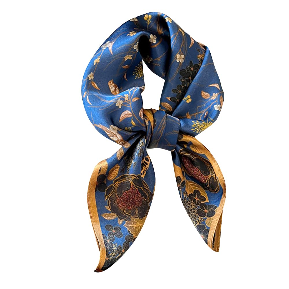 Feiboon Women's Blue Flowers 100% Pure Mulberry Silk Scarfs 27"X27" Square Scarf Neckerchief Headscarf Hair Scarf Bandana Gift Packed, 21In