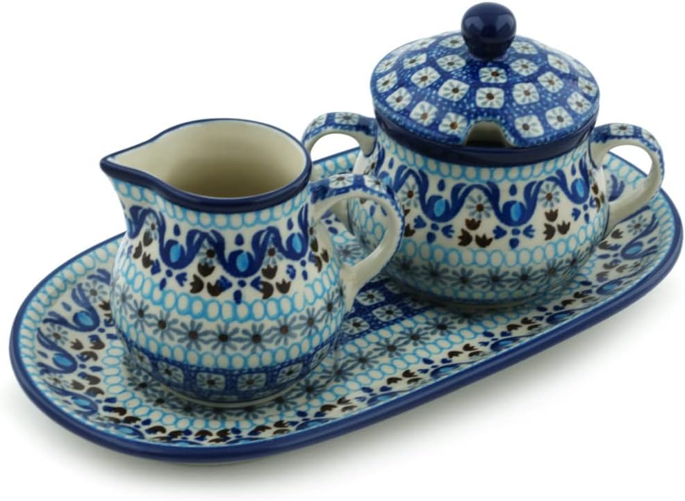 Polmedia Polish Pottery Sugar and Creamer Set - Blue Ice Pattern Handmade in Boleslawiec Poland by Ceramika Artystyczna + Certificate of Authenticity