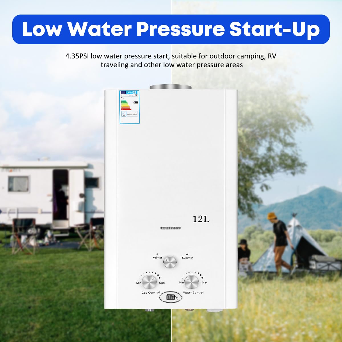 Xverycan Calentador de agua de gas de 12 litros, 24 kW, GLP, propano butano, sin tanque, para uso doméstico, camping, caravanas, cabinas al aire libre, graneros