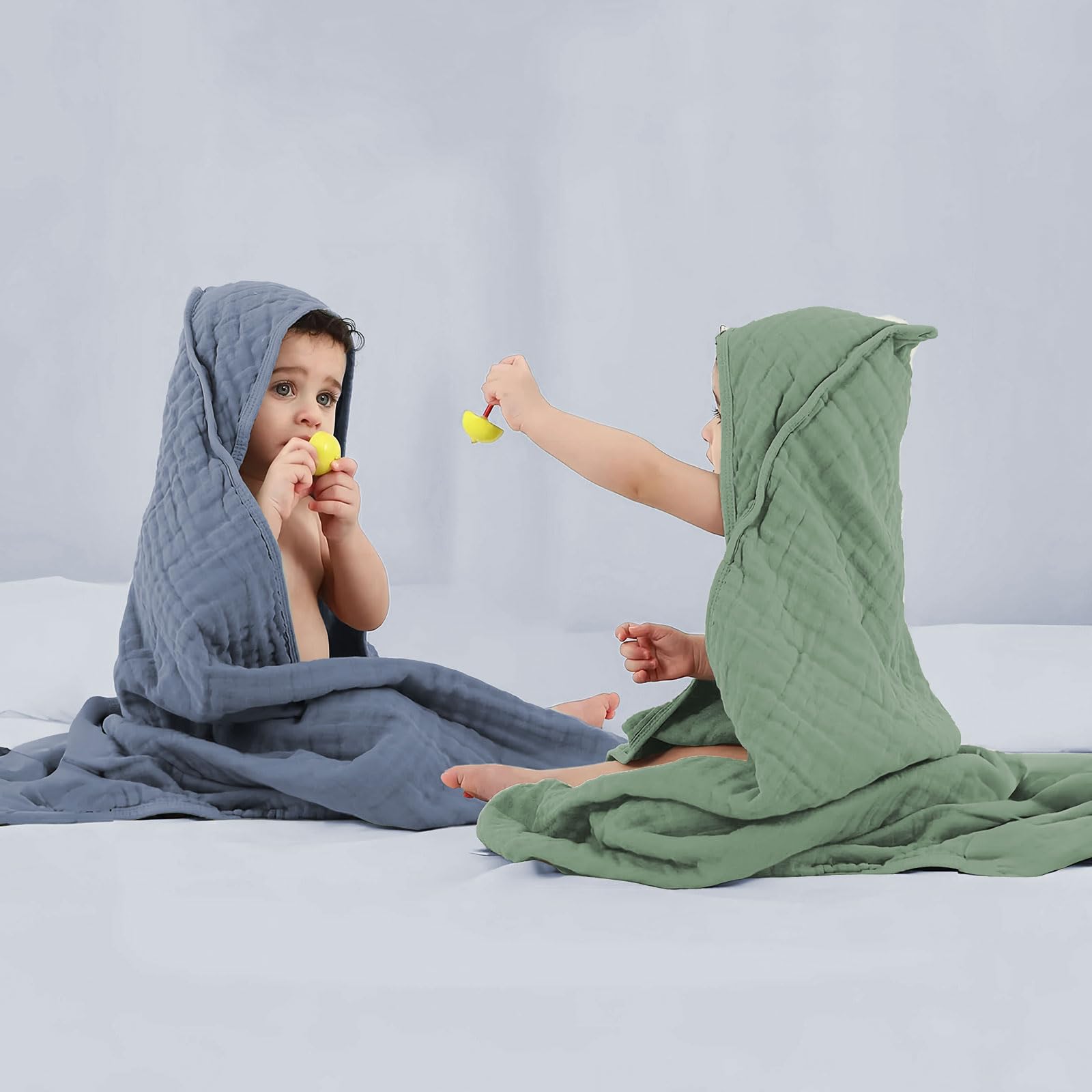 Accappatoio Neonato 0-3 Mesi E 6-12 Mesi Con 6 Asciugamano, Quadrotti Cotone E Mussole Cotone, Ideale Regalo Per Femmina E Maschio, 70x70 CM (Blu & Verde & Bianco)