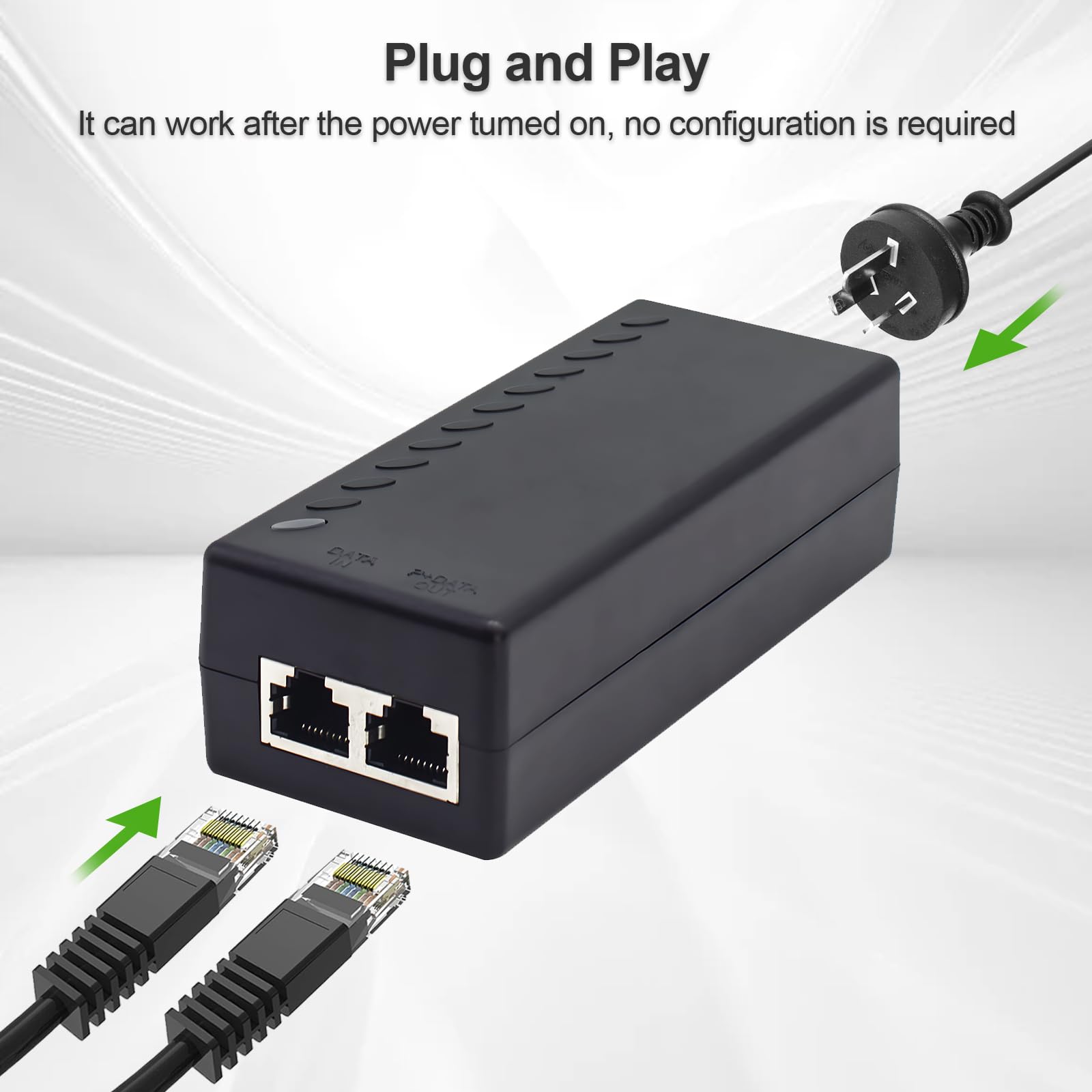 Injecteur Gigabit PoE+, 30 W 48 V, noir | 10/100/1000 Mbps, conformité IEEE 802.3af/at, extension du réseau jusqu'à 100 m, Plug and Play