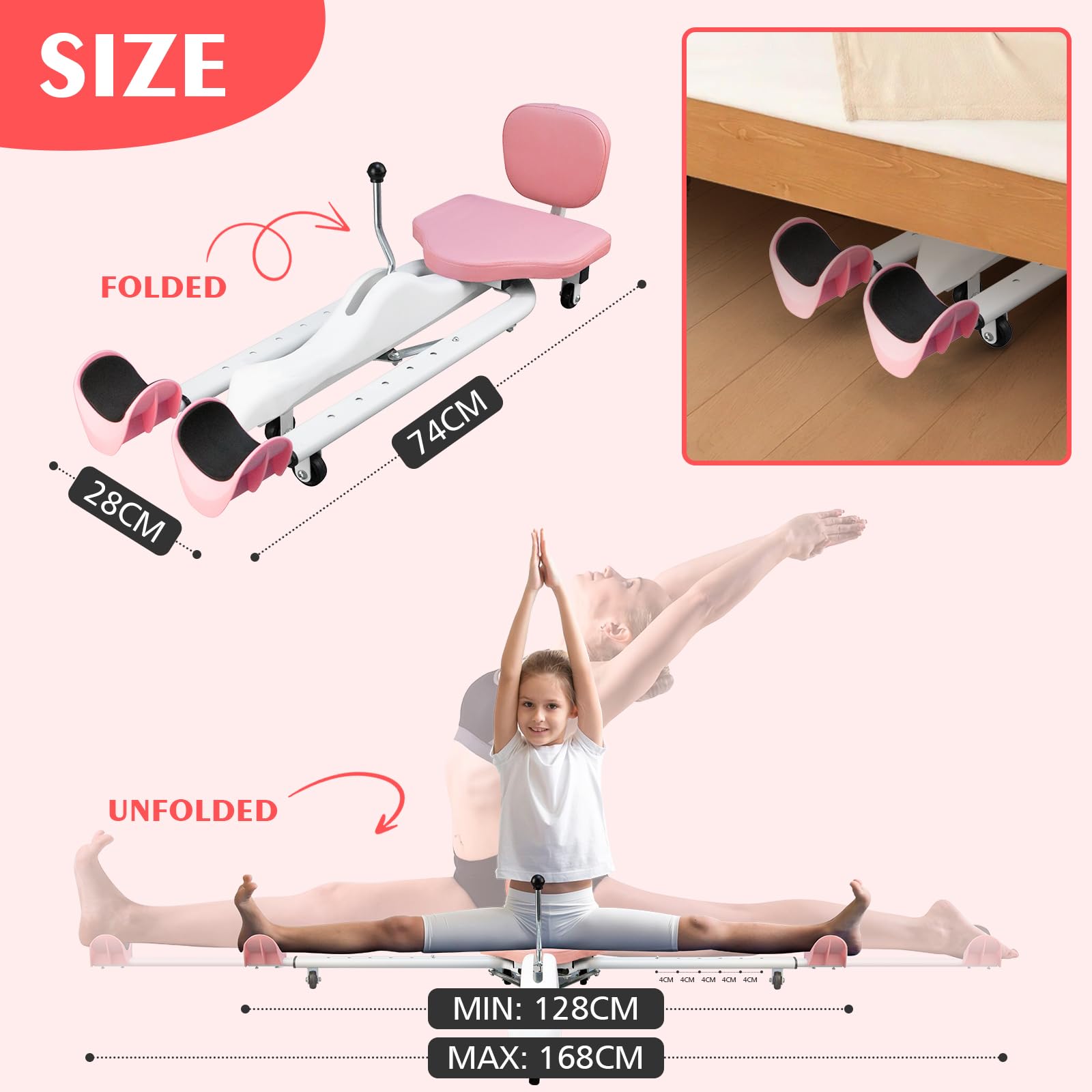Estensore per gambe, Macchina per spaccata, Macchina estensore per allargamento gambe, 128-168cm Regolabile 0-180° Attrezzatura per stretching spaccata per Fitness, Danza, Yoga