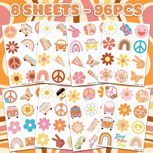 Image of 96 PCS Groovy Temporary Tattoos for Kids - Retro 60s 70s Hippie