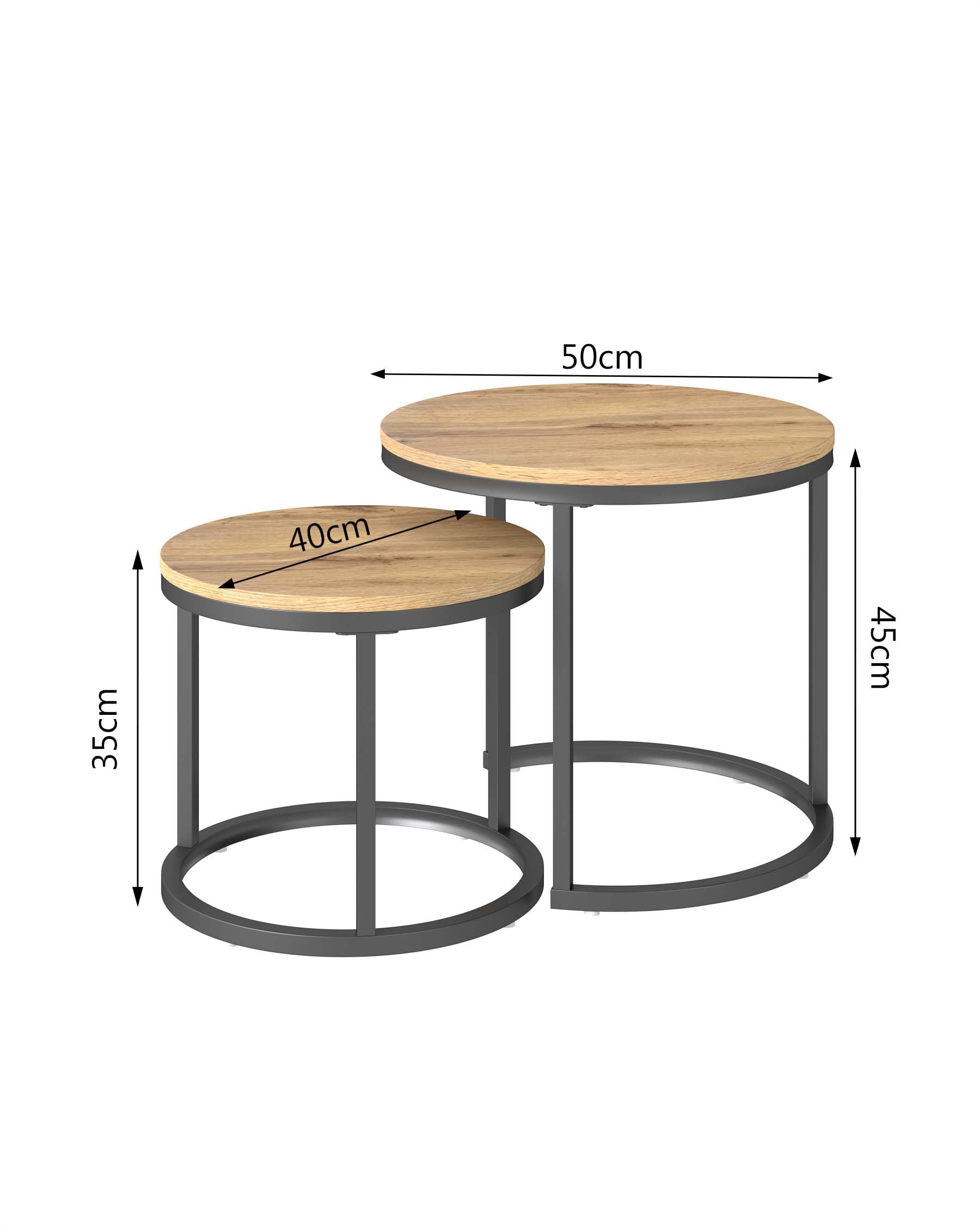Set di 2 Tavolini da Salotto Sovrapponibili Rotondi Legno Tavolini Laterali da Salotto Incastro 50+40cm, Tavolino d'Appoggio Salvaspazio Accanto Divano Legno e Metallo