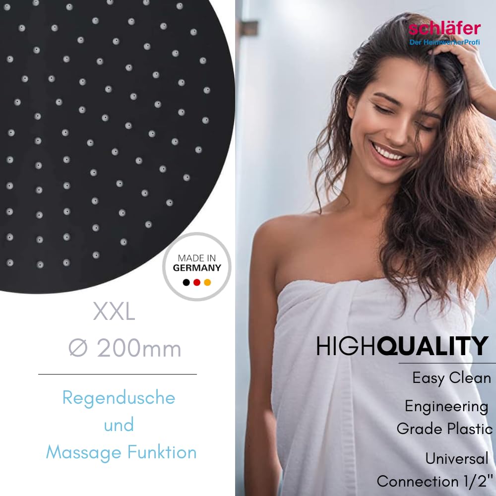 Schläfer 136000 | Soffione Doccia Nero Opaco, Tondo 20 cm a Pioggia Anticalcare ad Alta Pressione in Abs, Soffione per Cabina Doccia PureShower, Snodo Regolabile Universale G 1/2