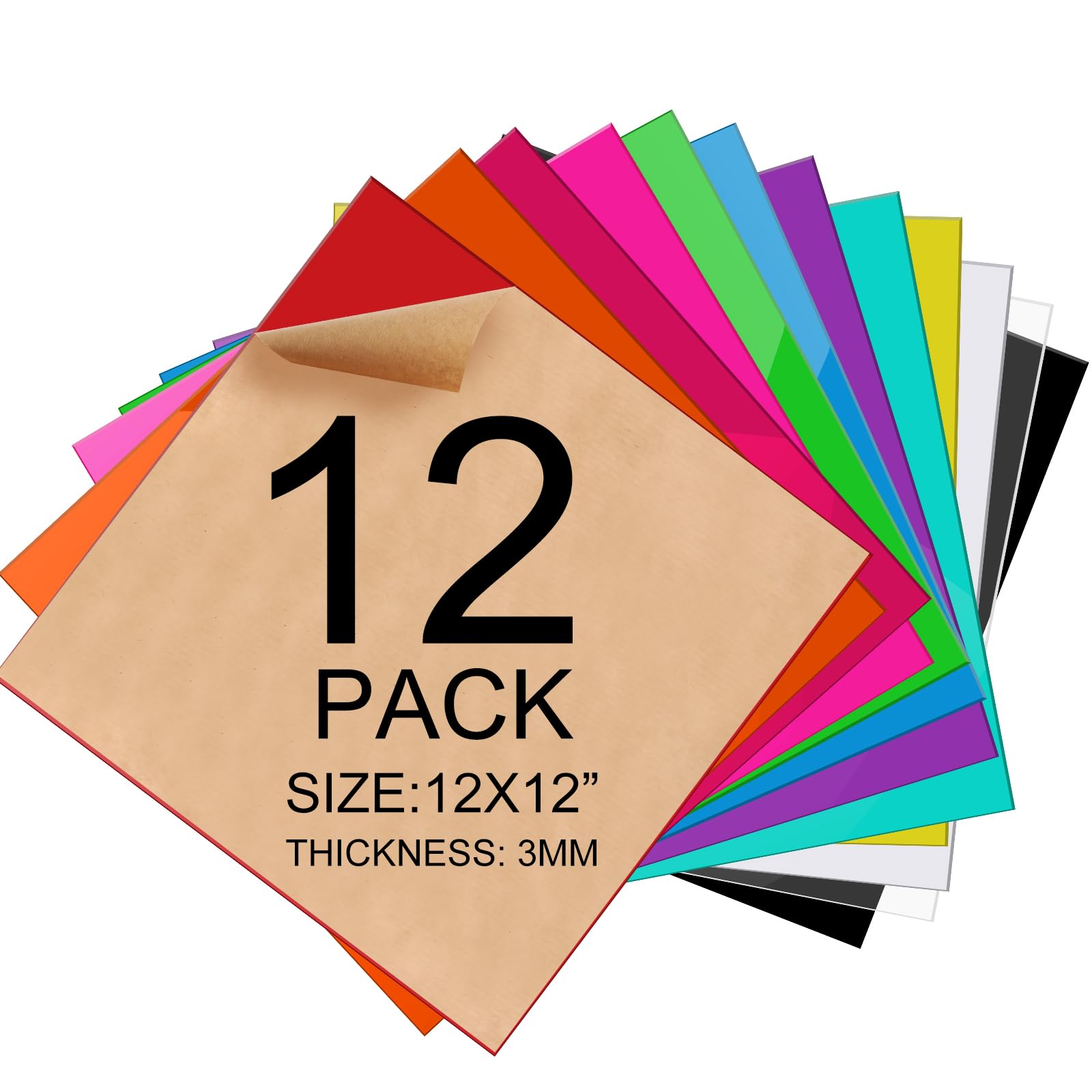 Deylixay-12Pack 1/8 Thick 12 X 12 Inch 3mm Colored Acrylic Sheets for Laser Cutting, Engraving, Badges, Uv Printed Signs, Decor, Crafts, and Creative DIY Projects Protective Paper Plexiglass Sheets
