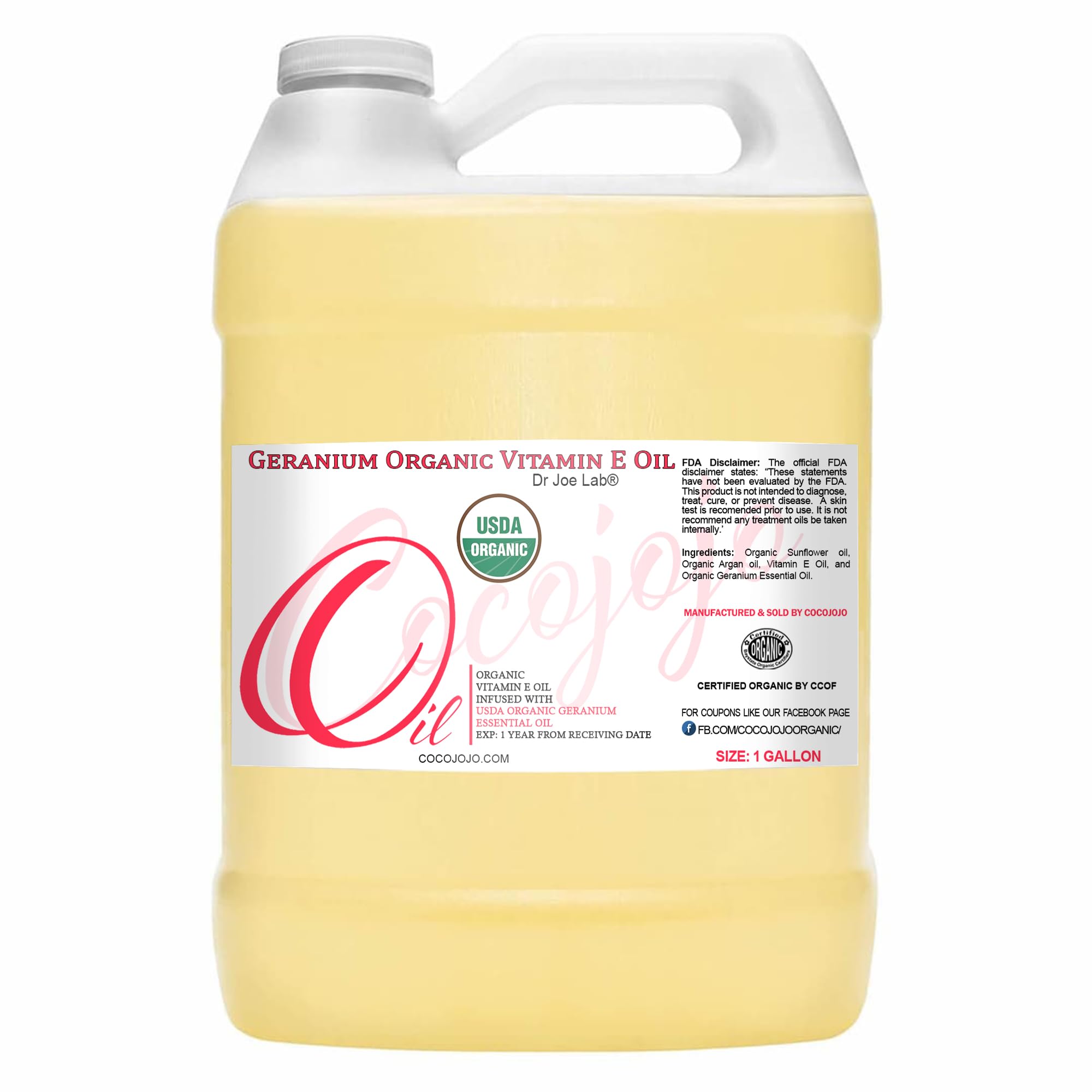 Organic Vitamin E and Geranium Essential Oil Infused Blend - Natural Non-GMO Vegan Multi-Use for Skin Hair Face Body Moisture for Daily Use (128 oz / 1 Gallon)