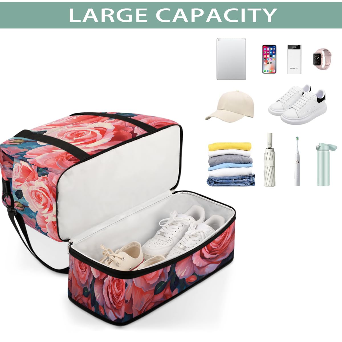 Borsone da viaggio pieghevole da viaggio espandibile con scomparto per scarpe, borsa da weekend di grande capacità, borsa da viaggio per viaggi, sport, viaggi notturni