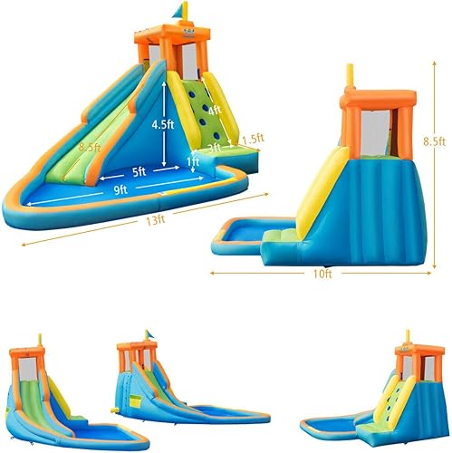 Vista 35 de HONEY JOY Tobogán acuático inflable, parque acuático gigante, castillo hinchable para patio trasero, pared de escalada, piscina de chapoteo
