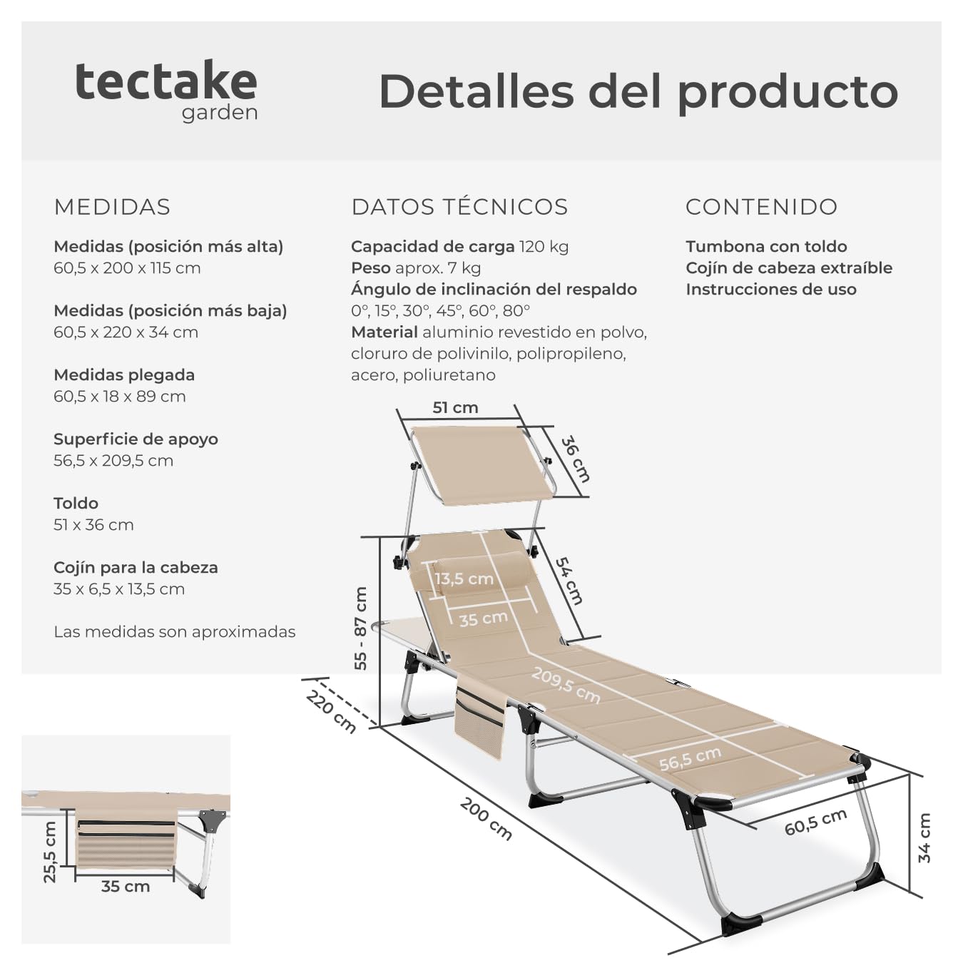 tectake® Tumbona Jardín Exterior de Aluminio, Tumbona Plegable con Reposacabezas, Parasol y Bolsillo Lateral, Playa Reclinable en 6 Posiciones, Resistente a Intemperie - Beige