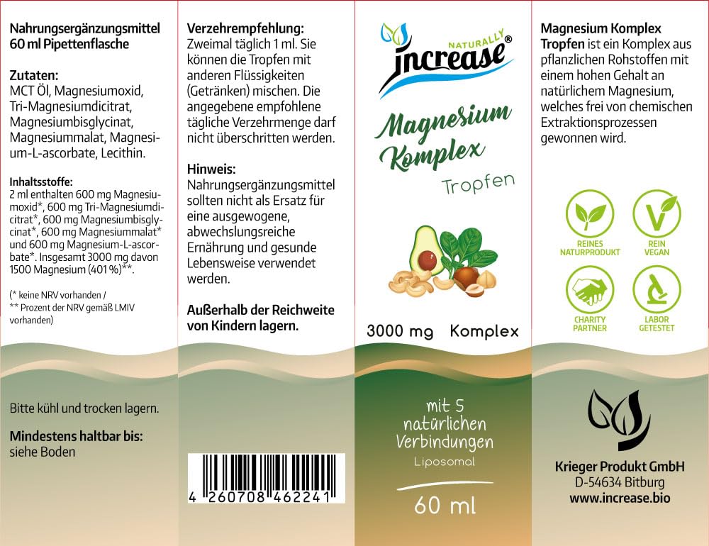 Nimm 3, zahl 2 Aktion Liposomale Magnesium Komplex Tropfen hochdosiert - (270.000mg in 3 Flaschen) 3000mg Komplex pro Tag davon 1500 mg Magnesium - MCT Öl - Hohe Bioverfügbarkeit