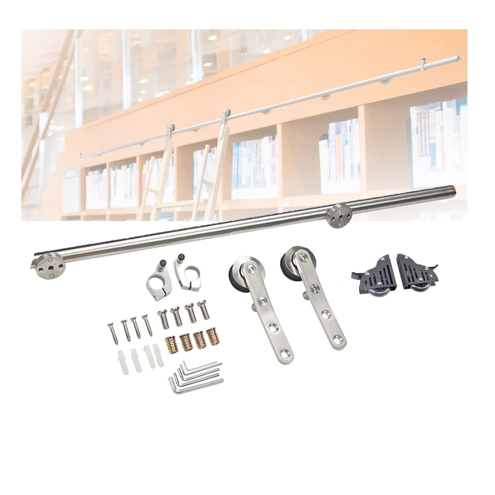 LWJSOCP Rolling Ladder Hardware Kit with Brake Wheels for Smooth Sliding in Closet, Warehouse, and Attic