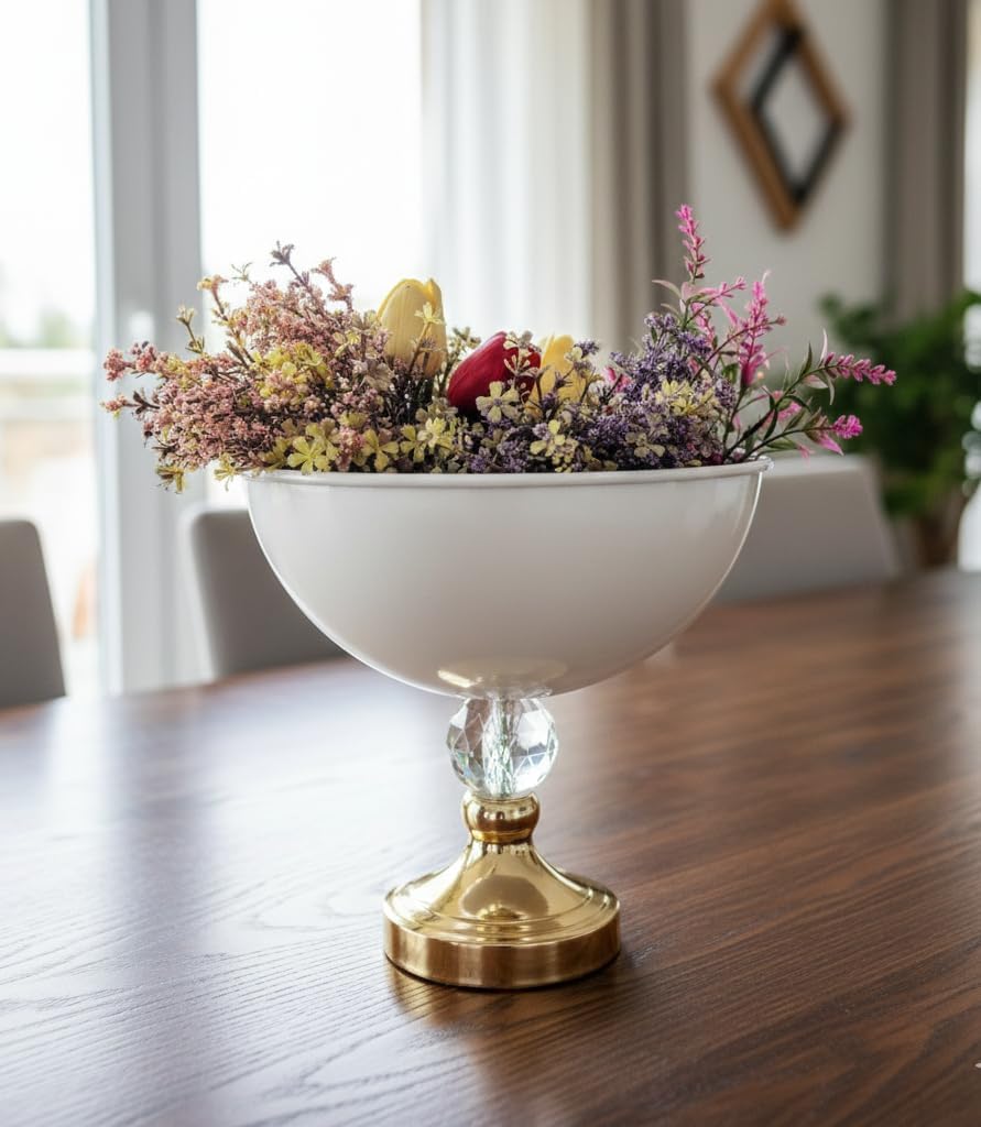 Modern Dekoratif Gold Ayaklı Kristal Taşlı Beyaz Büyük Salon Vazo Masa Üstü Aksesuar Dekor