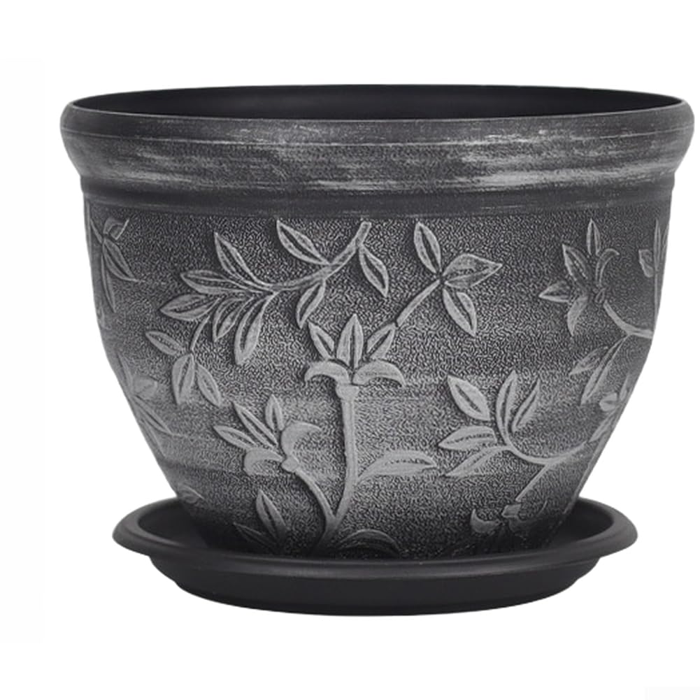 Elegante vaso in resina goffrata con vassoio abbinato per giardino, balcone, ufficio, decorazione a lunga durata, con sistema di drenaggio (G)