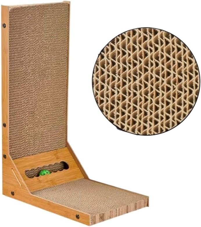 L-Shaped Wall-Mounted Cat Scratching Board with Hanging Ball Toy - Vertical Corrugated Cardboard Scratcher for Indoor Cats