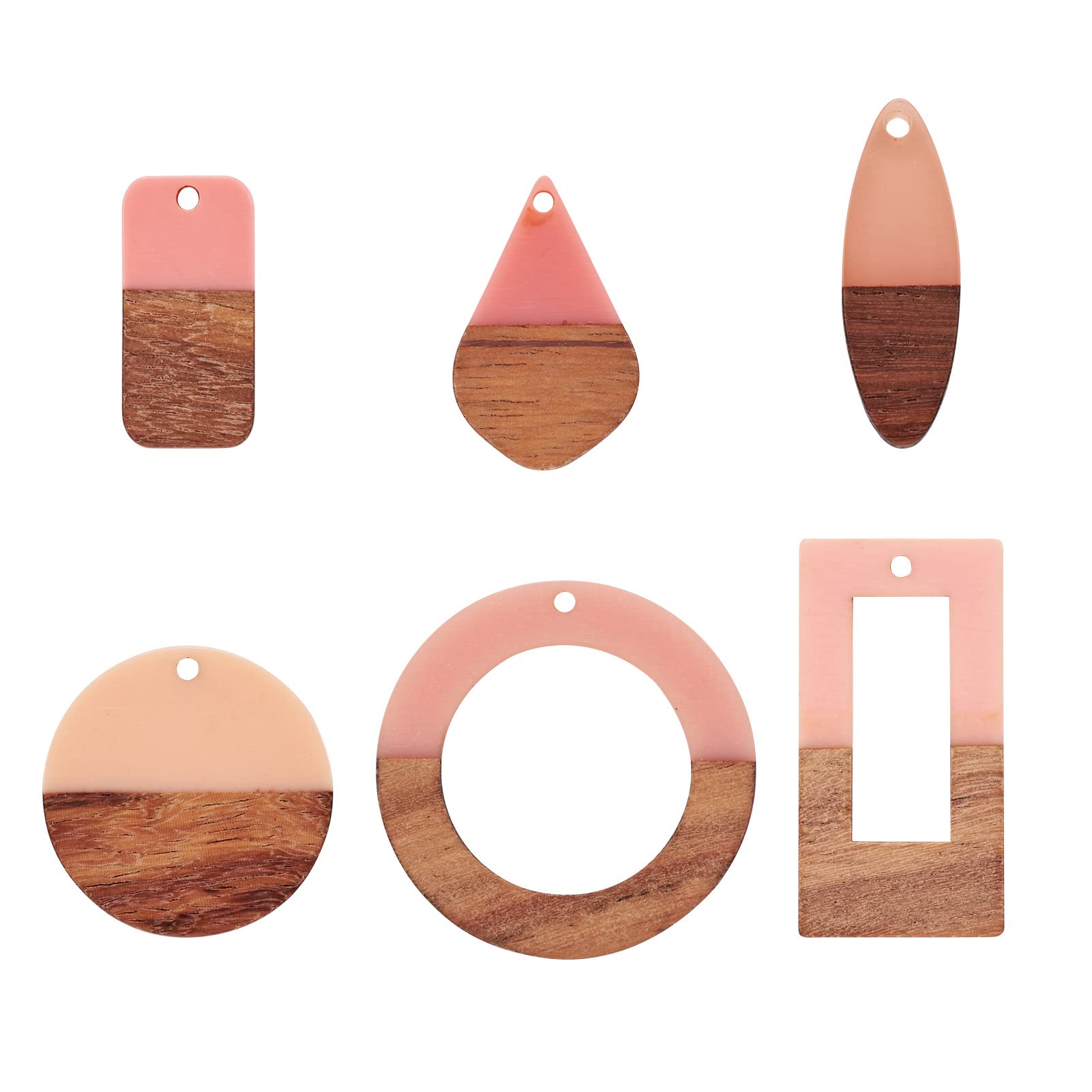 FASHEWELRYFASHEWELRY 12Pcs Resin & Wood Pendants Two Tone Flat Round/Ring/Rectangle/Horse Eye/Teardrop Dangle Charms for DIY Jewelry Making