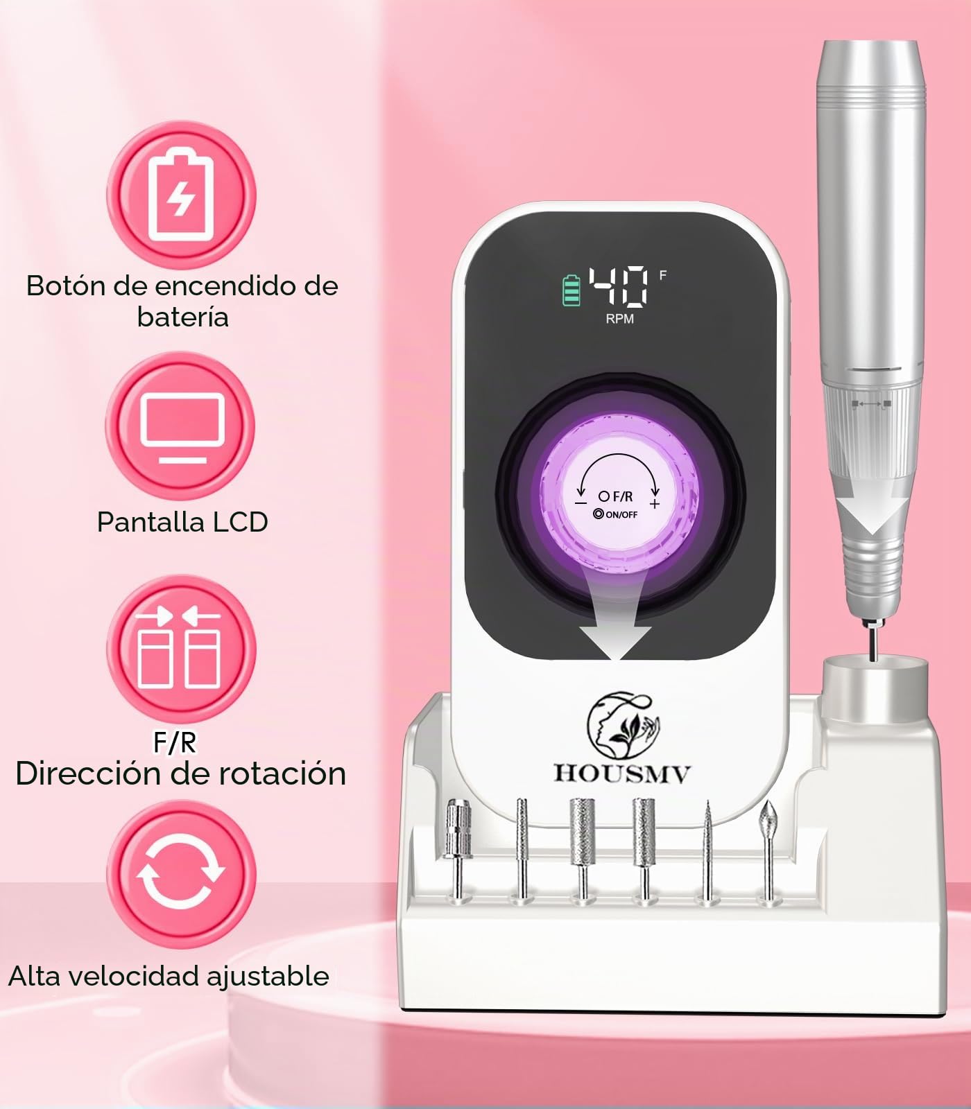 Taladro eléctrico portátil para uñas: 40000 RPM, máquina profesional recargable para limar uñas, taladro de uñas inalámbrico con puntas y base para uñas acrílicas, quitar esmalte de uñas de gel,