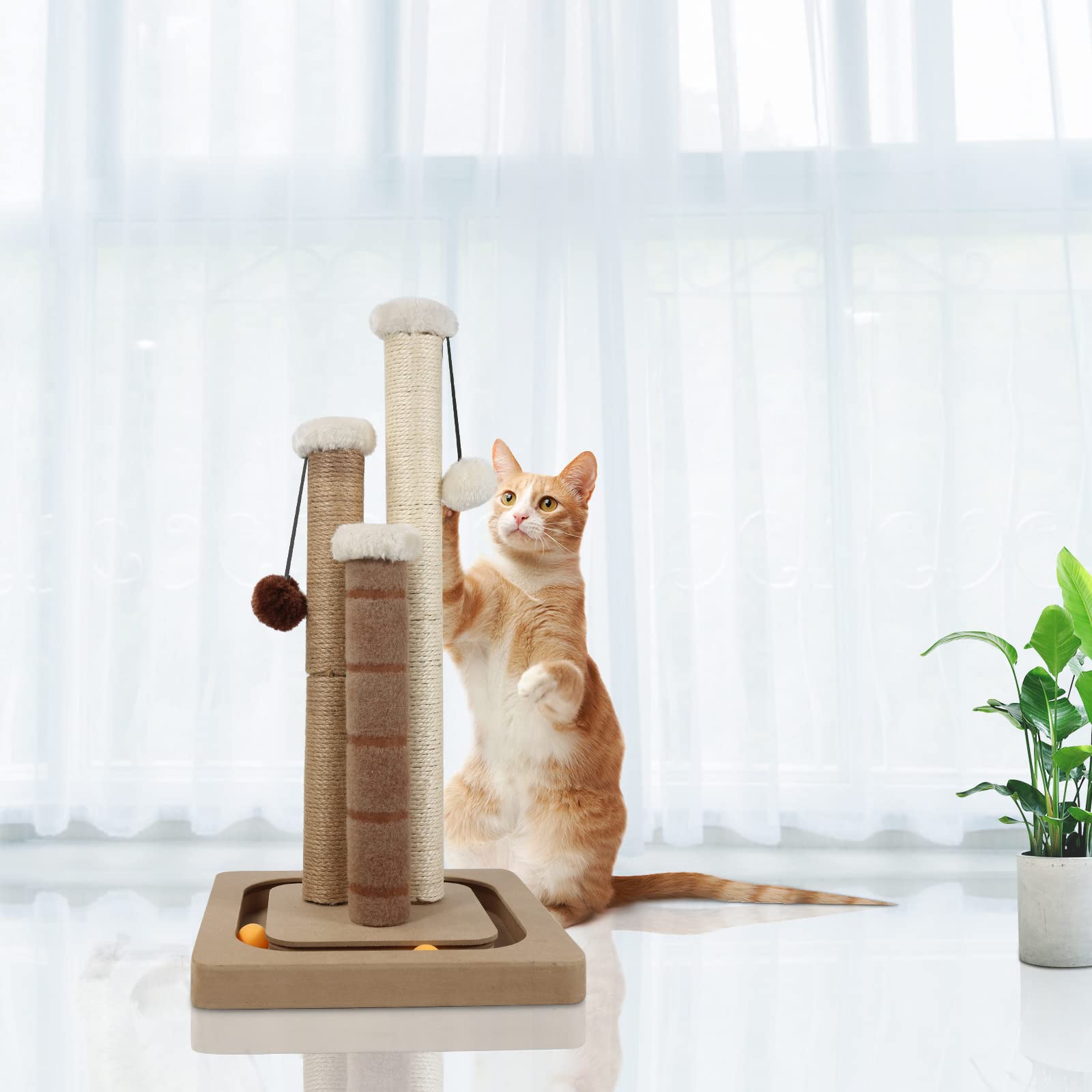 AUSCAT Griffoir pour Chat avec 3 poteaux à griffer, Griffoir Vertical en sisal avec balles suspendues et balles sur Rail, Griffoir pour Chats et Chatons d'Intérieur