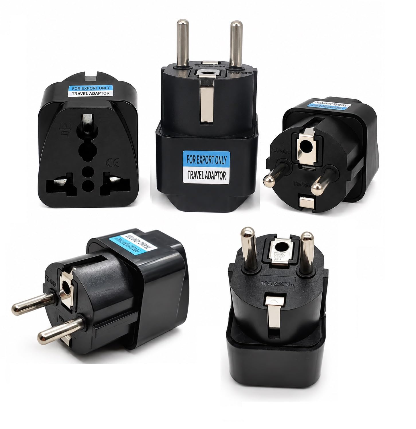europe adapter (pack of 5), type e/f schuko plug adapter for travel india to eu, german, france, spain, netherlands, russia & south korea, european plug converter, black