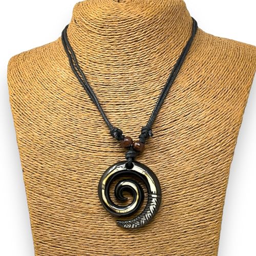 Adjustable Mariners Cord Necklace - Yak Bone Carved Maori Fish Hook & Spiral Koru Pendant - Symbol of Peace and Tranquility3