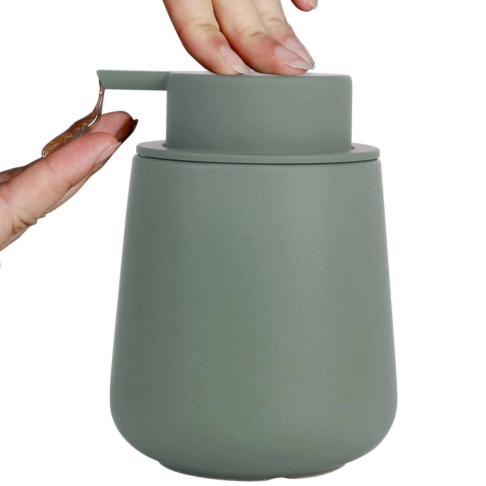 Dispenser di sapone liquido in ceramica per cucina – Dispenser di sapone liquido ricaricabile da 350 ml per bagno, moderno dispenser di sapone liquido con pompa, verde opaco
