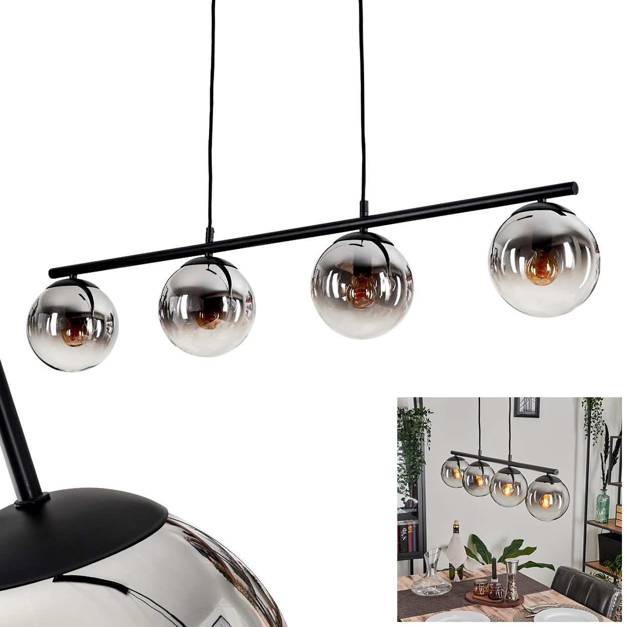 Pendelleuchte Gastor, Hängelampe aus Metall/Glas in Schwarz/Chromfarben/Klar, Leuchte im Vintage/Retro Design mit Schirmen aus Glas (Ø 15 cm), Höhe max. 108 cm, 4 x E14, ohne Leuchtmittel